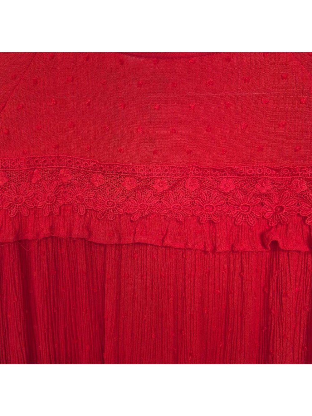 Boho Red Long Sleeve Lace-Trim Blouse With Back Tie Detail Womens Size S - Picture 4 of 8